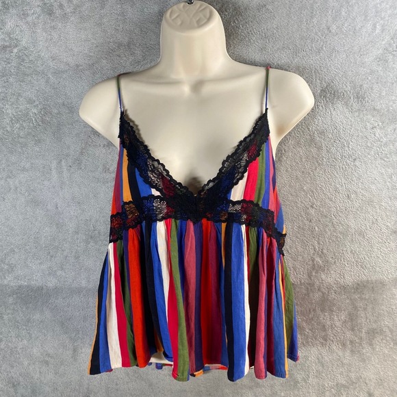 Y2k Zara Black Lace Trim Rainbow Striped Babydoll Cami Top Small Preppy - Picture 1 of 7